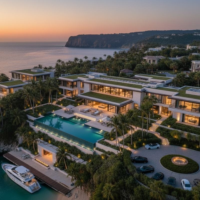 a cinematic aerial photo of a luxury estate for real estate marketing