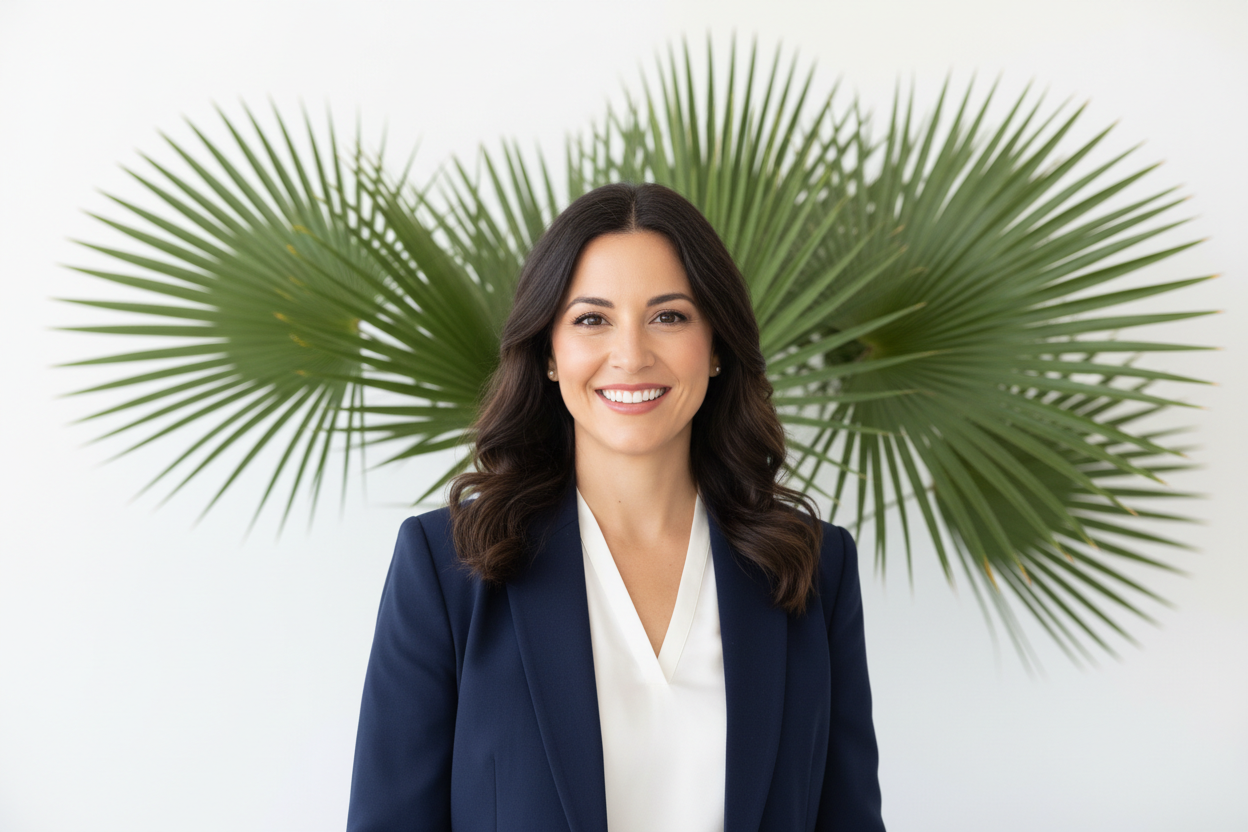 agent headshot in front of a palm in a white photo studio