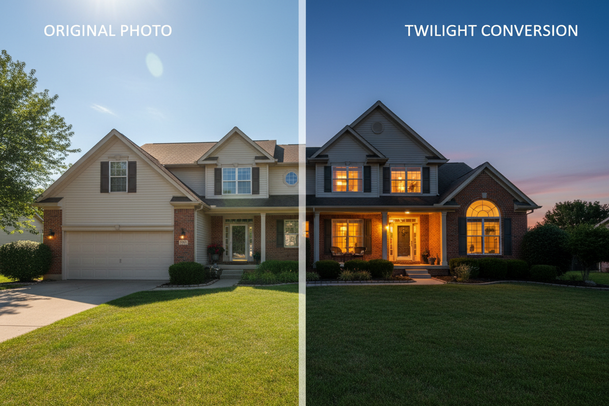 An image showing a regular hero real estate photograph of a single family home being converted to a virtual twilight photograph. Shot the change by implying motion across the photo with a vertical bar, left being the "original photo", including text labeling it as so in the top left corner, and "Twilight Conversion" on the right side, including text labeling it as so in the top right corner of the image. 