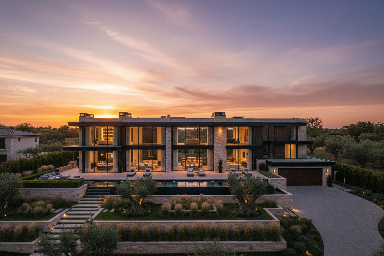 Create a front of home luxury home during gold hour to show off a twilight photograph of the property